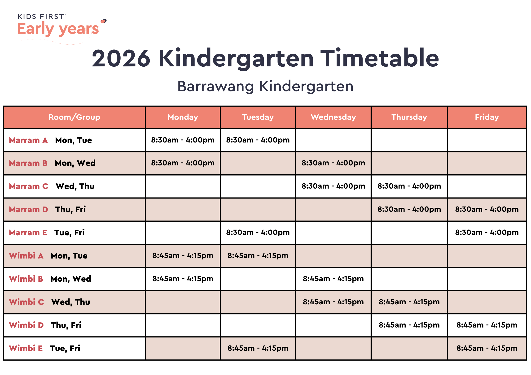 2026 Kindergarten Timetable (Mixed-Age Groups)