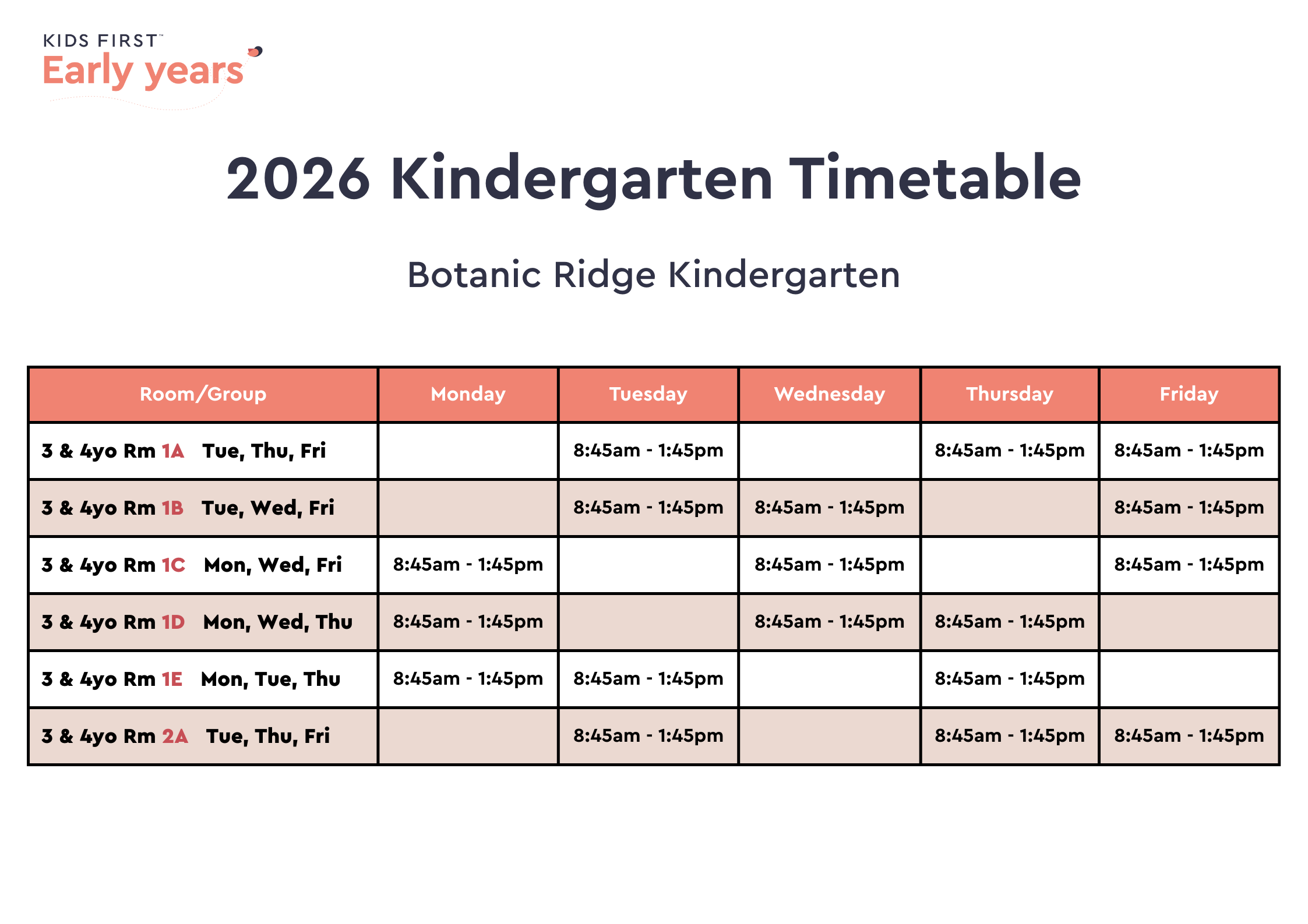 2026 Kindergarten Timetable (Mixed-Age Groups)