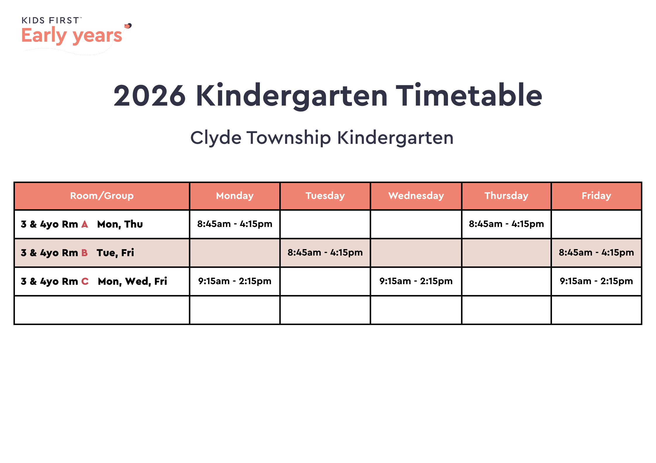 2026 Kindergarten Timetable (Mixed-Age Groups)