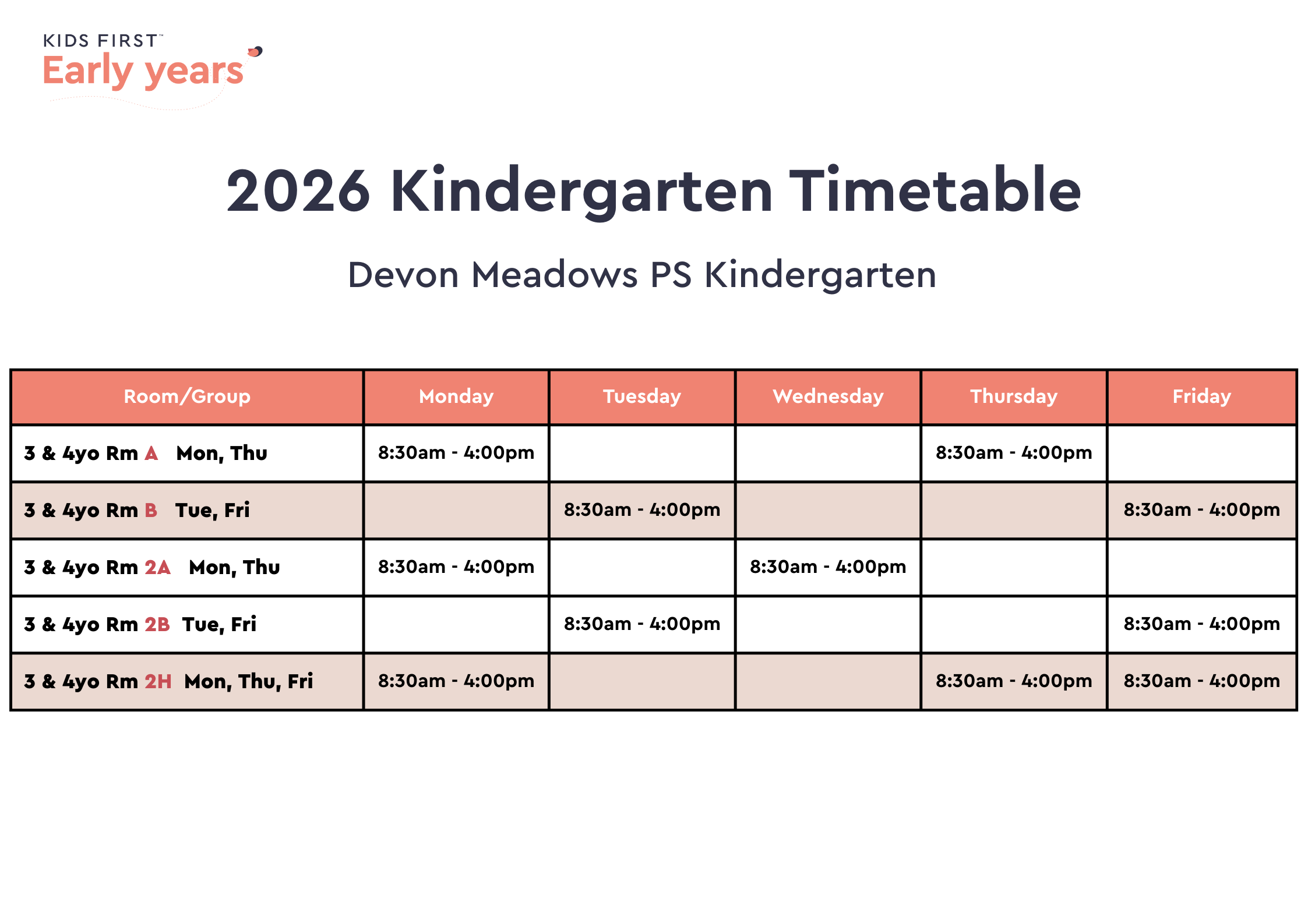2026 Kindergarten Timetable (Mixed-Age Groups)