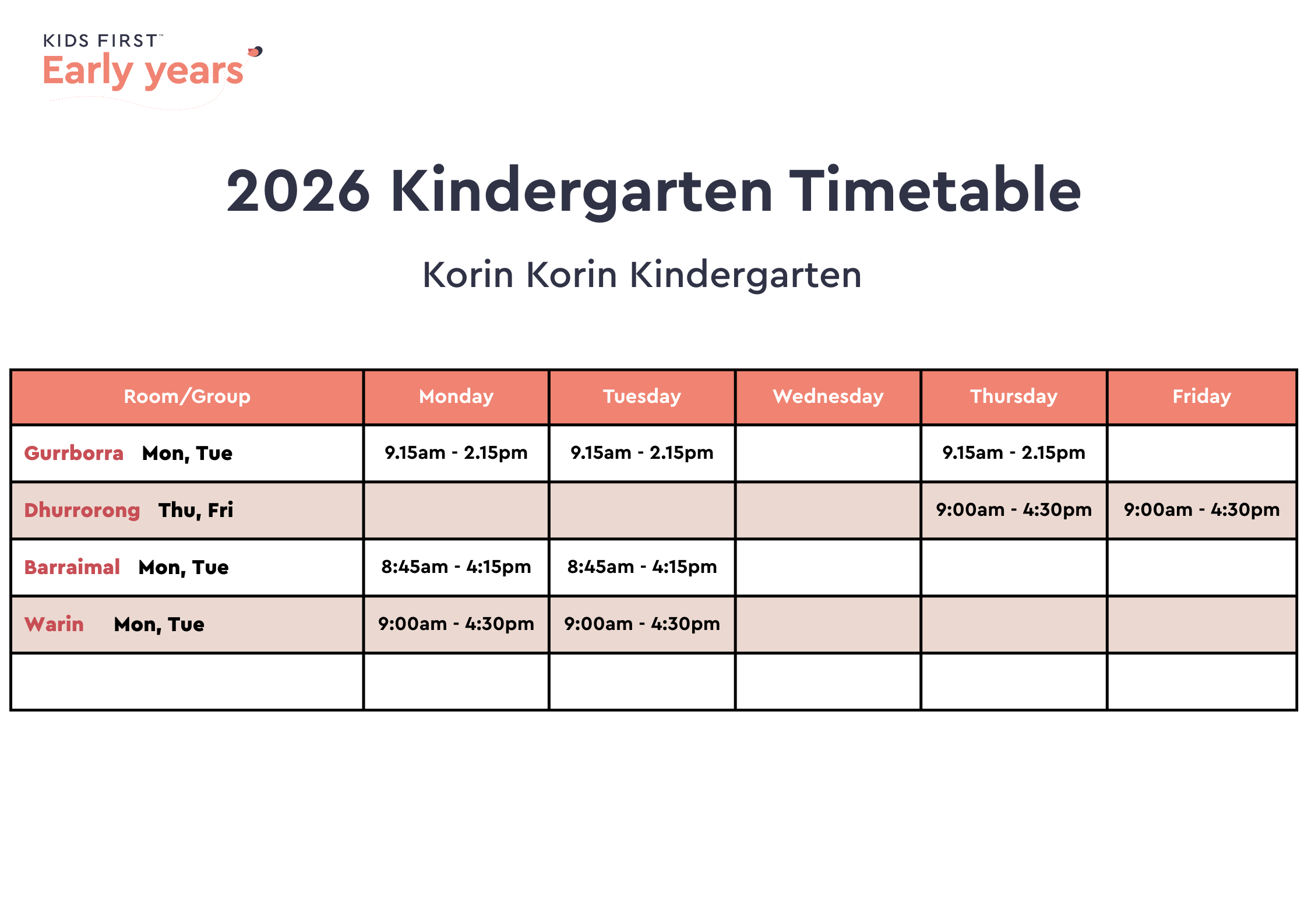 2026 Kindergarten Timetable (Mixed-Age Groups)