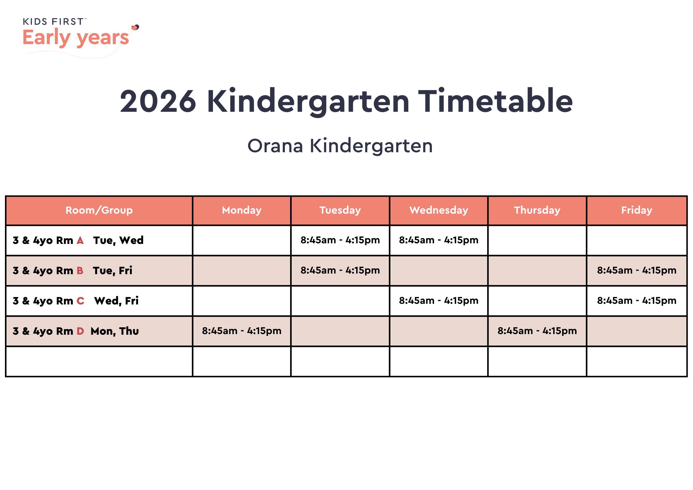 2026 Kindergarten Timetable (Mixed-Age Groups)