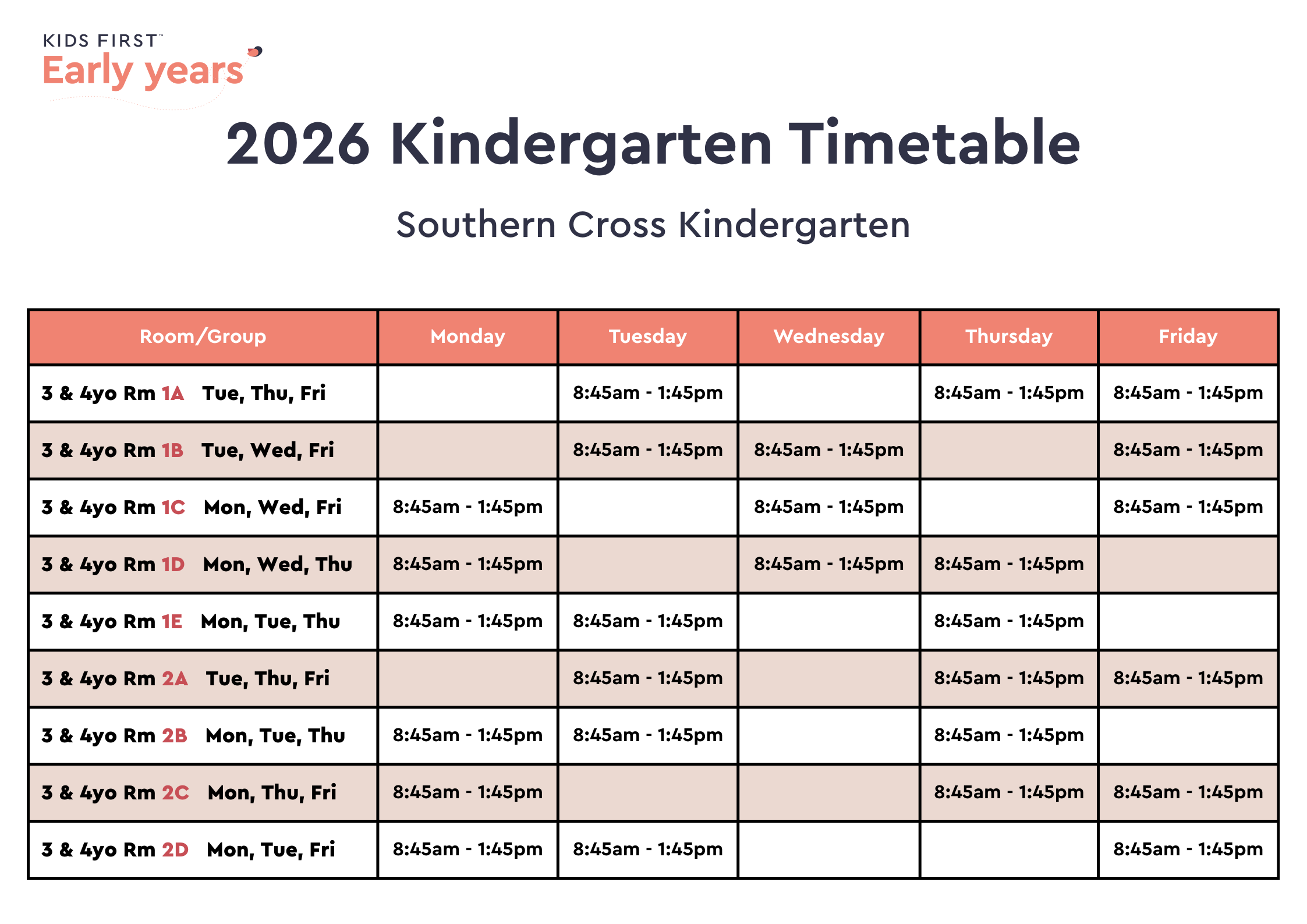 2026 Kindergarten Timetable (Mixed-Age Groups)